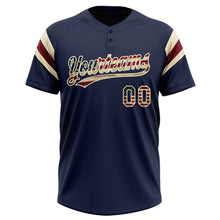 Laden Sie das Bild in den Galerie-Viewer, Custom Navy Vintage USA Flag Cream-Crimson Raglan Sleeves Stripes Two-Button Unisex Softball Jersey