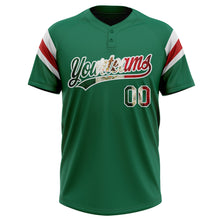 Laden Sie das Bild in den Galerie-Viewer, Custom Kelly Green Vintage Mexican Flag White-Red Raglan Sleeves Stripes Two-Button Unisex Softball Jersey