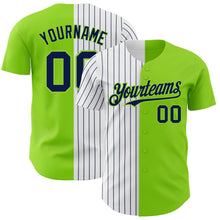 Load image into Gallery viewer, Custom Neon Green White-Navy Pinstripe Authentic Split Fashion Baseball Jersey
