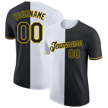 Custom Black White-Yellow Split Fashion Performance T-Shirt