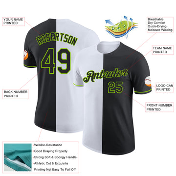 Custom Black White-Neon Green Split Fashion Performance T-Shirt