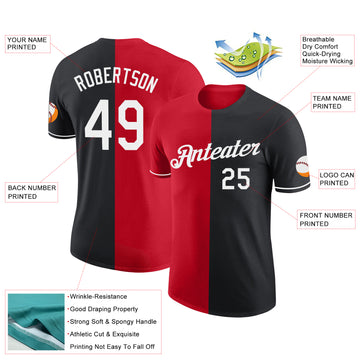 Custom Black White-Red Split Fashion Performance T-Shirt