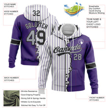 Load image into Gallery viewer, Custom Purple Gray Black-White Pinstripe Split Ripped Pattern Baseball Pullover Sweatshirt Hoodie