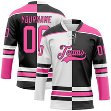 Laden Sie das Bild in den Galerie-Viewer, Custom Black Pink-White Split Fashion Hockey Lace Neck Jersey