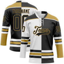 Laden Sie das Bild in den Galerie-Viewer, Custom Black Old Gold-White Split Fashion Hockey Lace Neck Jersey