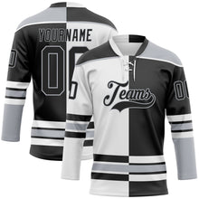 Laden Sie das Bild in den Galerie-Viewer, Custom Black Gray-White Split Fashion Hockey Lace Neck Jersey