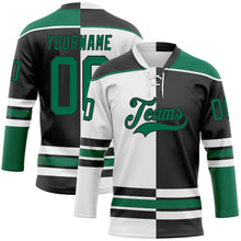 Laden Sie das Bild in den Galerie-Viewer, Custom Black Kelly Green-White Split Fashion Hockey Lace Neck Jersey