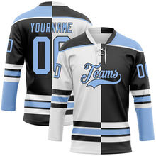 Загрузить изображение в средство просмотра галереи, Custom Black Light Blue-White Split Fashion Hockey Lace Neck Jersey