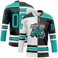 Laden Sie das Bild in den Galerie-Viewer, Custom Black Aqua-White Split Fashion Hockey Lace Neck Jersey