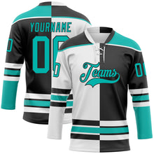 Laden Sie das Bild in den Galerie-Viewer, Custom Black Aqua-White Split Fashion Hockey Lace Neck Jersey