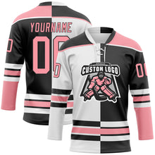 Laden Sie das Bild in den Galerie-Viewer, Custom Black Medium Pink-White Split Fashion Hockey Lace Neck Jersey