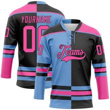 Load image into Gallery viewer, Custom Black Pink-Light Blue Split Fashion Hockey Lace Neck Jersey
