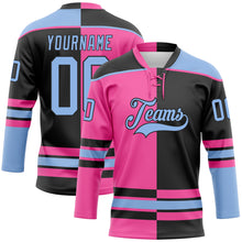 Load image into Gallery viewer, Custom Black Light Blue-Pink Split Fashion Hockey Lace Neck Jersey