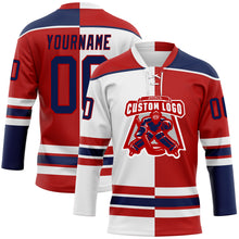 Load image into Gallery viewer, Custom Red Navy-White Split Fashion Hockey Lace Neck Jersey