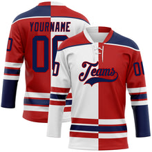 Load image into Gallery viewer, Custom Red Navy-White Split Fashion Hockey Lace Neck Jersey