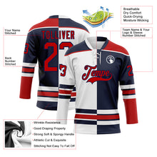 Load image into Gallery viewer, Custom Navy Red-White Split Fashion Hockey Lace Neck Jersey