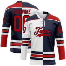 Load image into Gallery viewer, Custom Navy Red-White Split Fashion Hockey Lace Neck Jersey