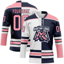 Charger l'image dans la galerie, Custom Navy Medium Pink-White Split Fashion Hockey Lace Neck Jersey