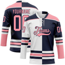 Charger l'image dans la galerie, Custom Navy Medium Pink-White Split Fashion Hockey Lace Neck Jersey