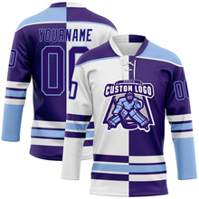 Load image into Gallery viewer, Custom Purple Light Blue-White Split Fashion Hockey Lace Neck Jersey