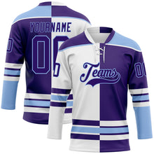 Load image into Gallery viewer, Custom Purple Light Blue-White Split Fashion Hockey Lace Neck Jersey