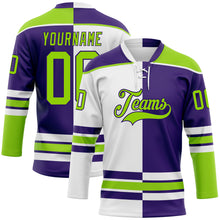 Load image into Gallery viewer, Custom Purple Neon Green-White Split Fashion Hockey Lace Neck Jersey