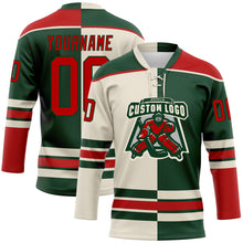 Charger l'image dans la galerie, Custom Green Red-Cream Split Fashion Hockey Lace Neck Jersey