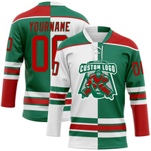 Charger l'image dans la galerie, Custom Kelly Green Red-White Split Fashion Hockey Lace Neck Jersey