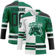 Load image into Gallery viewer, Custom Kelly Green Black-White Split Fashion Hockey Lace Neck Jersey