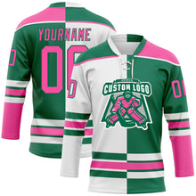Charger l'image dans la galerie, Custom Kelly Green Pink-White Split Fashion Hockey Lace Neck Jersey