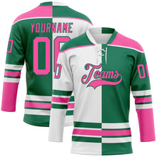 Charger l'image dans la galerie, Custom Kelly Green Pink-White Split Fashion Hockey Lace Neck Jersey