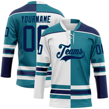 Charger l'image dans la galerie, Custom Teal Navy-White Split Fashion Hockey Lace Neck Jersey