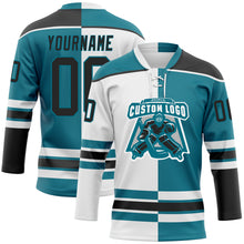 Charger l'image dans la galerie, Custom Teal Black-White Split Fashion Hockey Lace Neck Jersey