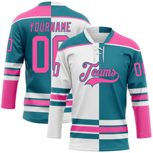 Load image into Gallery viewer, Custom Teal Pink-White Split Fashion Hockey Lace Neck Jersey