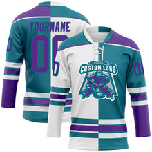 Charger l'image dans la galerie, Custom Teal Purple-White Split Fashion Hockey Lace Neck Jersey
