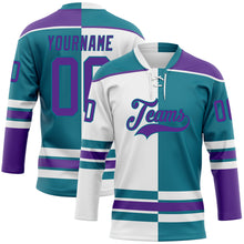 Charger l'image dans la galerie, Custom Teal Purple-White Split Fashion Hockey Lace Neck Jersey