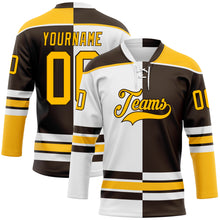 Load image into Gallery viewer, Custom Brown Gold-White Split Fashion Hockey Lace Neck Jersey