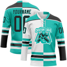 Load image into Gallery viewer, Custom Aqua Black-White Split Fashion Hockey Lace Neck Jersey