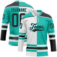 Load image into Gallery viewer, Custom Aqua Black-White Split Fashion Hockey Lace Neck Jersey
