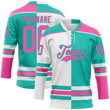 Load image into Gallery viewer, Custom Aqua Pink-White Split Fashion Hockey Lace Neck Jersey