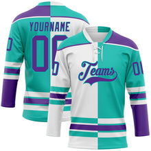 Load image into Gallery viewer, Custom Aqua Purple-White Split Fashion Hockey Lace Neck Jersey