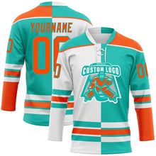 Load image into Gallery viewer, Custom Aqua Orange-White Split Fashion Hockey Lace Neck Jersey