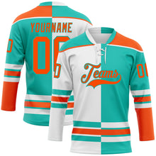 Load image into Gallery viewer, Custom Aqua Orange-White Split Fashion Hockey Lace Neck Jersey