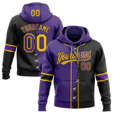 Load image into Gallery viewer, Custom Black Purple-Gold Split Ripped Pattern Baseball Pullover Sweatshirt Hoodie
