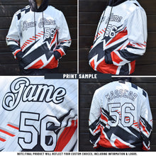 Load image into Gallery viewer, Custom Black Sky Blue-White Split Ripped Pattern Baseball Pullover Sweatshirt Hoodie