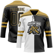Load image into Gallery viewer, Custom Black Old Gold-White Split Fashion Hockey Lace Neck Jersey