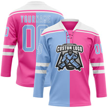 Charger l'image dans la galerie, Custom Pink Light Blue-White Split Fashion Hockey Lace Neck Jersey