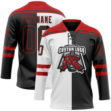 Load image into Gallery viewer, Custom Black Red-White Split Fashion Hockey Lace Neck Jersey