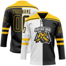 Laden Sie das Bild in den Galerie-Viewer, Custom Black Yellow-White Split Fashion Hockey Lace Neck Jersey