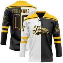 Laden Sie das Bild in den Galerie-Viewer, Custom Black Yellow-White Split Fashion Hockey Lace Neck Jersey